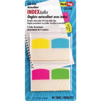 Redi-Tag Write-On Self-Stick Index Tabs, 1 1/16 Inch, 4 Colors, 48/Pack