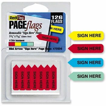 Redi-Tag Mini Arrow Page Flags, &quot;Sign Here&quot;, Blue/Mint/Red/Yellow, 126 Flags/Pack