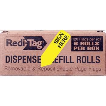 Redi-Tag Arrow Message Page Flag Refills, &quot;Sign Here&quot;, Yellow, 6 Rolls of 120 Flags