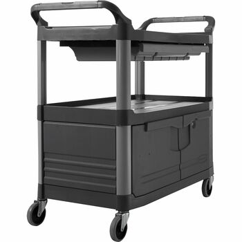 Rubbermaid&#174; Commercial Heavy-Duty 3-Shelf Rolling Service/Utility Cart, with Locking Doors and Sliding Drawer, 300 lb. Capacity, Black