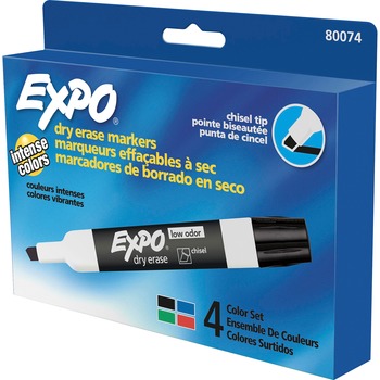 EXPO Low Odor Dry Erase Marker, Chisel Tip, Basic Assorted, 4/ST