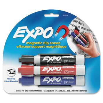 EXPO Magnetic Clip Eraser w/3 Markers, Chisel, Black/Blue/Red, 1 Set