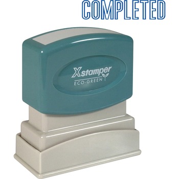 Xstamper ECO-GREEN Title Message Stamp, COMPLETED, Pre-Inked/Re-Inkable, 1 5/8 x 1/2, Blue