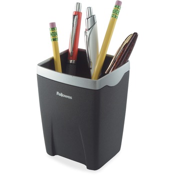 Fellowes Office Suites Pencil Cup, 4.3 in x 3.1 in x 3.1 in x, Black/Silver