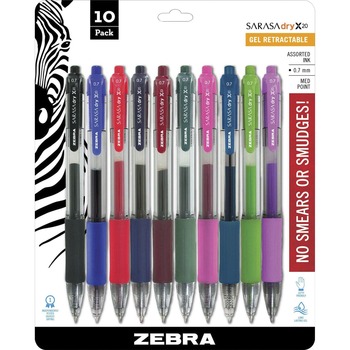 Zebra Sarasa Retractable Gel Pen, Assorted Ink, Medium, 10/Pack