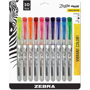 Zebra Zazzle Liquid Ink Highlighter, Chisel Tip, Asst Colors, 10/Set