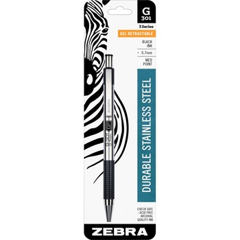 Zebra G301 Roller Ball Retractable Gel Pen, Black Ink, Medium