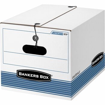 Bankers Box STOR/FILE Medium Duty Storage Boxes, Letter/Legal, String/Button Tie Closure, Double End/Single Side/Double Bottom Wall, White/Blue, 12/Carton