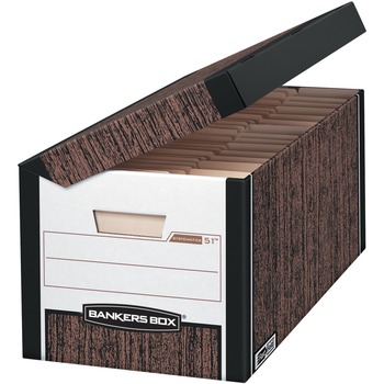 Bankers Box Systematic File Storage Boxes, Letter, Flip Top Closure, Medium Duty, Wood Grain/Blue, 12/Carton