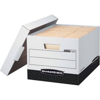 Bankers Box R-Kive File Storage Box, Letter/Legal, Lift-off Closure, Heavy Duty, White/Black, 12/Carton