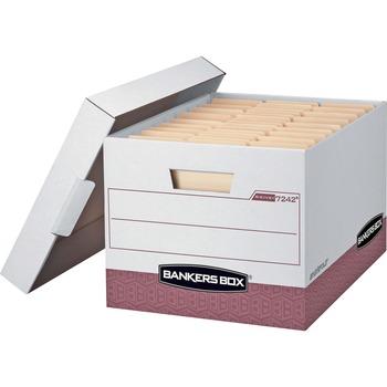 Bankers Box R-Kive File Storage Box, Letter/Legal, Lift-off Closure, Heavy Duty, White/Red, 12/Carton