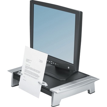 Fellowes Office Suites Standard Monitor Riser Plus, 80 lb Capacity, 4.2 in H x 19.9 in W x 14.1 in D, Black/Silver