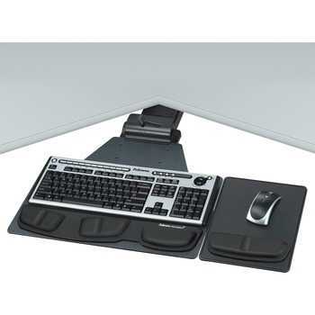 Fellowes Professional Series Corner Executive Keyboard Tray, 5.8 in H x 28.2 in W x 21.3 in D, Black