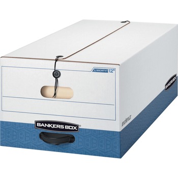 Bankers Box Liberty File Storage Boxes, 24 in Legal, String/Button Tie Closure, Fiberboard, White/Blue, 4/Carton