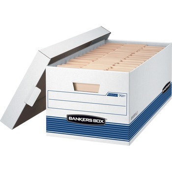 Bankers Box STOR/FILE 701 Medium-Duty Storage Box, Letter, 650 lb, Lift-off Closure, White/Blue, 4/Carton