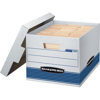 Bankers Box STOR/FILE 789 Medium-Duty Storage Box, Letter/Legal, 550 lb, Lift-off Closure, Medium Duty, White/Blue, 4/Carton