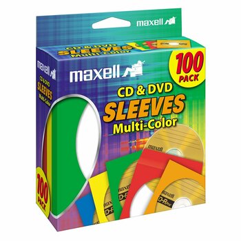 Maxell Multi-Color CD &amp; DVD Sleeve, Plastic, Assorted, 100/BX
