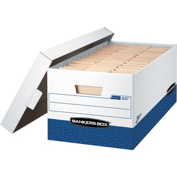 Bankers Box Presto File Storage Box, Letter, 750 lb, Lift-off Closure, Heavy Duty, White/Blue, 12/Carton