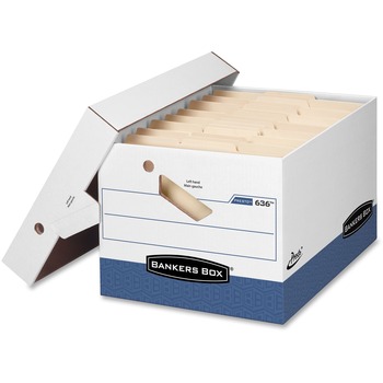Bankers Box Presto File Storage Box, Letter/Legal, 850 lb, Lift-off, Zipper Closure, Heavy Duty, White/Blue, 1/Carton