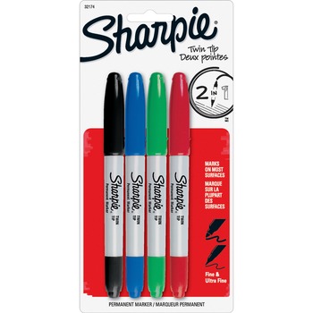 Sharpie Twin Tip Permant Marker, Ultra Fine, Fine Marker Point, 1 mm, 0.3 mm Marker Point Size, Black, Red, Blue, Green, 4/ST