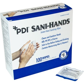 PDI Sani-Hands ALC Individual Wipes, 5&quot; x 8&quot;, Anti-septic, Anti-bacterial, For Hand, White, 100/Box