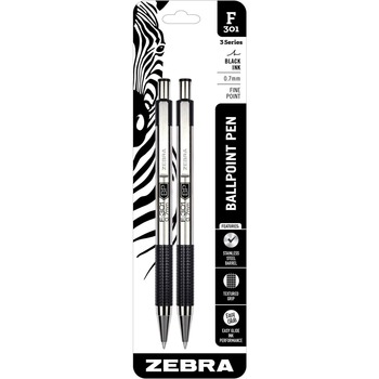 Zebra F-301 Retractable Ballpoint Pen, Black Ink, Fine, 2/Pack