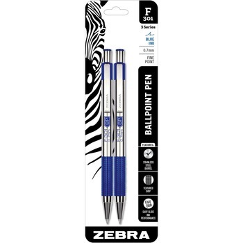 Zebra F-301 Retractable Ballpoint Pen, Blue In, Fine, 2/Pack