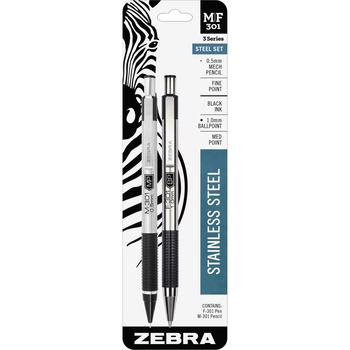 Zebra Pen M/F-301 Nonslip Grip Pen and Pencil Set, Fine Point, Refillable, Stainless Steel, Black Ink, 1/PK