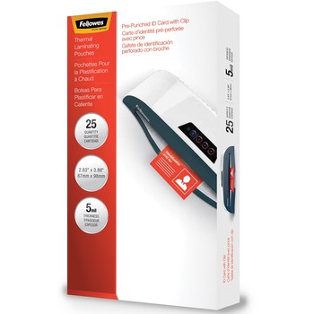 Fellowes Punched ID Card/Clip Glossy Laminating Pouches, 3.88 in W, 5 mil Thickness, 25/Pack