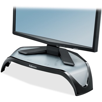 Fellowes Smart Suites Corner Monitor Riser, 21 in Screen Support, 40 lb Capacity, 5.1 in H x 18.5 in W x 12.5 in D, Black/Gray