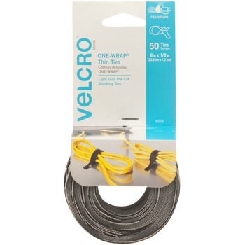 VELCRO Brand One-Wrap Pre-Cut Thin Ties, 1/2&quot; x 8&quot;, Black/Gray, 50/Pack