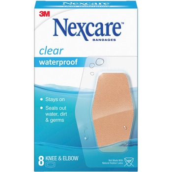 3M Nexcare Waterproof Bandages, Knee and Elbow, 8 ct., 2.38&quot; x 3.50&quot;, Clear, 64/BX