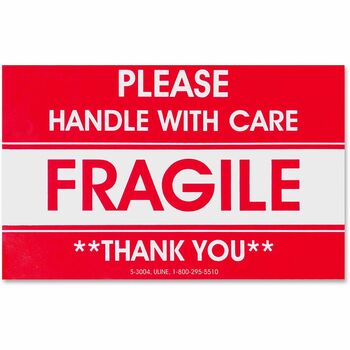 Tatco Fragile/Handle With Care Shipping Label, 3&quot; W x 5&quot; L, 3&quot; Core, Red, 500/RL