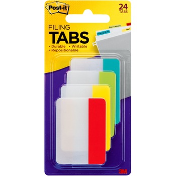 Post-it Tabs, Durable Tabs, Write-on Tab, 2&quot;x 1-1/2&quot;, Aqua/Lime/Red/Yellow, 24/PK
