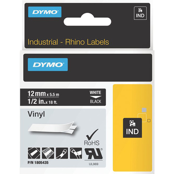 DYMO Rhino Permanent Vinyl Industrial Label Tape, 1/2&quot; x 18 ft, Black/White Print