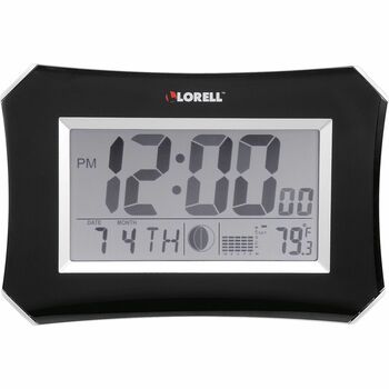 Lorell LCD Wall/Alarm Clock, Digital, LCD, Black Main Dial, Silver/Plastic Case