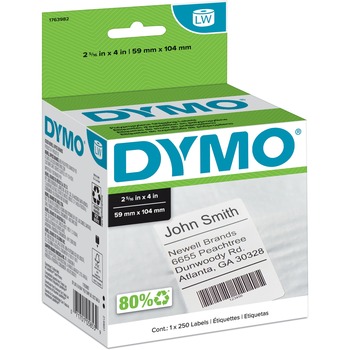 DYMO Permanent Poly Shipping Labels, 2-5/16 in x 4 in, Rectangle, White, Polypropylene, 250/Roll