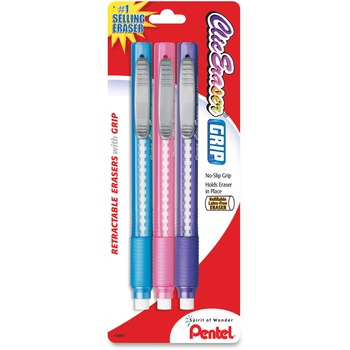 Pentel Clic Eraser Pencil-Style Grip Eraser, Assorted Fashion Colors, 3/PK