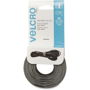 VELCRO Brand One-Wrap Pre-Cut Thin Ties, 1/2&quot; x 15&quot;, Black/Gray, 30/Pack