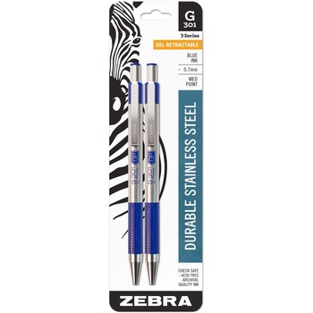 Zebra G-301 Retractable Gel Pen, Medium 0.7 mm, Blue Ink, Stainless Steel/Blue Barrel, 2/PK