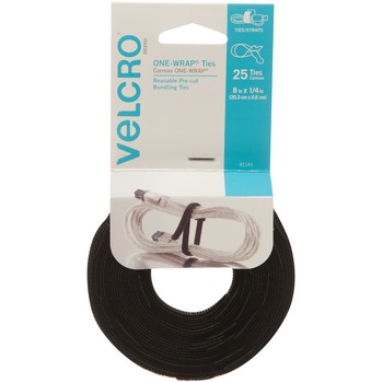 VELCRO Brand One-Wrap Pre-Cut Ties, 1/4&quot; x 8&quot;, Black, 25/Pack