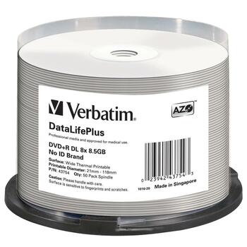 Verbatim DVD+R DL 8.5GB 8X DataLifePlus White Thermal Printable, Hub Printable, 120mm, 50/PK