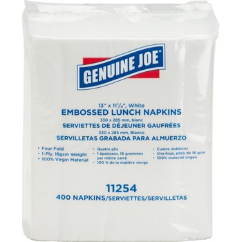 Genuine Joe Lunch Napkins, 1-Ply, 11 1/4&quot; W x 13&quot; L, 1/4 Fold, White, 400 Napkins/Pack