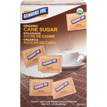 Genuine Joe Turbinado Natural Cane Sugar Packets, 4.5 g, Molasses Flavor, Natural Sweetener, 200/Box