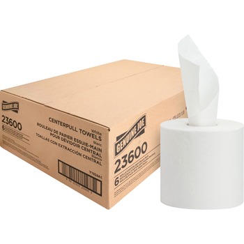 Genuine Joe Center Pull Fiber Paper Towels, 2 Ply, 3.02&quot; Core, White, 600 Sheets/Roll, 6 Rolls/Carton