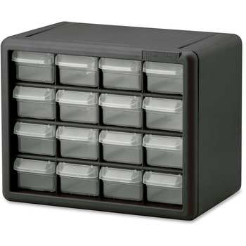 Akro-Mills 16-Drawer Plastic Storage Cabinet, 8.5&quot; H x 6.4&quot; W, Wall Mountable, Polymer/Plastic, Black/Clear