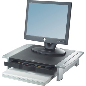 Fellowes Office Suites Monitor Riser, 21 in Screen Support, 80 lb Capacity, 4.2 in H x 19.9 in W x 14.1 in D, Black/Silver