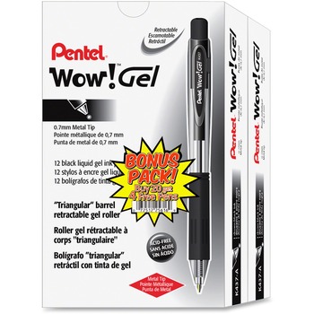 Pentel WOW! Retractable Gel Pen, .7mm, Translucent Barrel, Black Ink, 24/PK