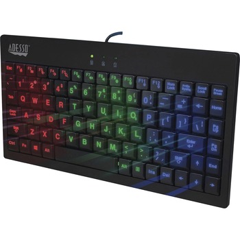 Adesso SlimTouch 110 - 3-Color Illuminated Mini Keyboard - Cable Connectivity - USB Interface - 87 Key - English (US) - Membrane Keyswitch - Black, Black