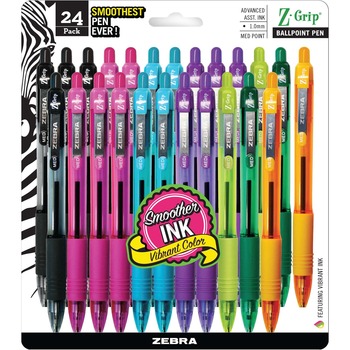 Zebra Z-Grip Retractable Ballpoint Pen, Assorted Ink, Medium Point, 24/Set